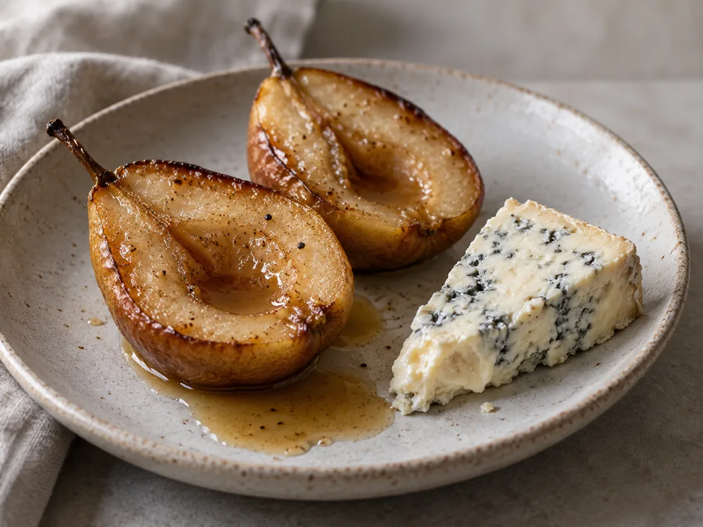 Two baked pear halves on a plate beside a wedge of soft blue-veined cheese - baked fruit and blue cheese | KnowTheCheese