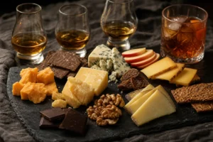 Whiskey and cheese pairing board with aged cheddar, Gouda, blue cheese, nuts, chocolate, and whiskey glasses | KnowTheCheese