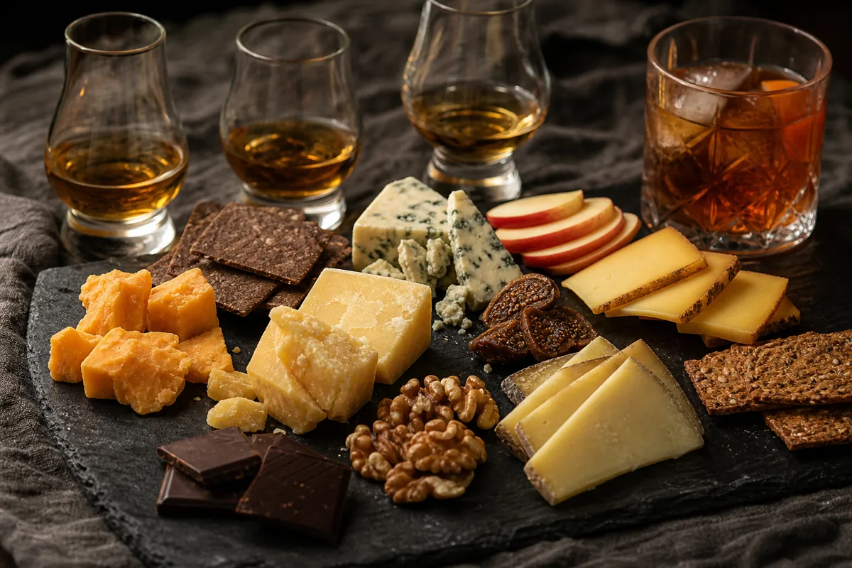 Whiskey and cheese pairing board with aged cheddar, Gouda, blue cheese, nuts, chocolate, and whiskey glasses | KnowTheCheese