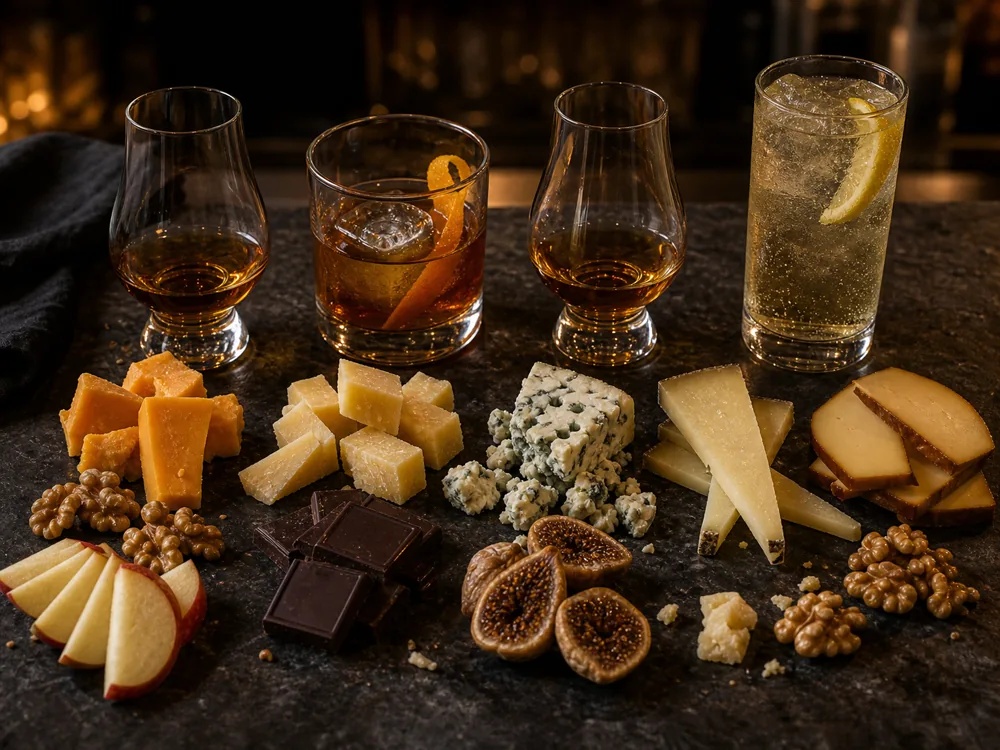 Whiskey pairing setup with bourbon, rye cocktail, smoky whisky, highball, cheddar, Gouda, blue cheese, alpine cheese, smoked cheese, chocolate, walnuts, figs, and apples | KnowTheCheese