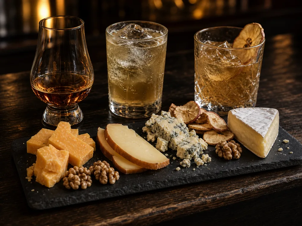 Whiskey and cheese flight with neat whiskey, highball, whiskey cocktail, cheddar, smoked gouda, blue cheese, soft-rind cheese, walnuts, and dried apple.