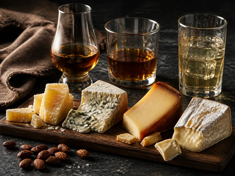 Whiskey pours with aged cheddar, blue cheese, smoked gouda, and triple cream - whiskey cheese pairing | KnowTheCheese