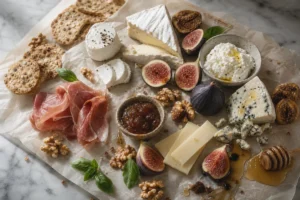 Fig and cheese pairing board with fresh figs, dried figs, fig preserves, Brie, goat cheese, blue cheese, ricotta, sheep cheese, prosciutto, honey, and walnuts | KnowTheCheese