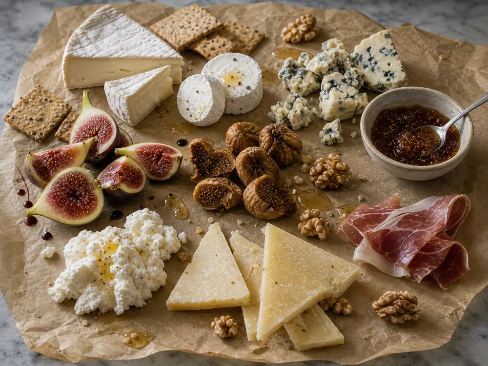 Fig pairing scene with fresh figs, dried figs, fig preserve, Brie, goat cheese, blue cheese, ricotta, sheep cheese, walnuts, honey, balsamic, crackers, and cured meat | KnowTheCheese
