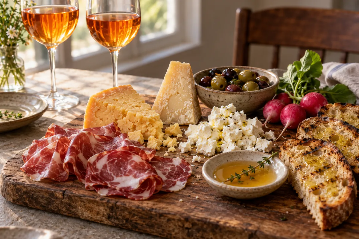Capocollo, aged cheeses, feta, olives, radishes, grilled bread and honey beside two glasses of orange wine - orange wine | KnowTheCheese
