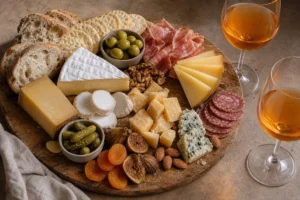Orange wine and cheese board with Brie, goat cheese, aged Gouda, alpine cheese, blue cheese, sheep cheese, cured meat, olives, nuts, dried fruit, pickles, bread, and orange wine glasses - orange wine and cheese pairing | KnowTheCheese
