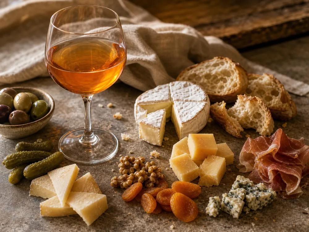 Orange wine tannin-buffer pairings with Brie, bread, aged Gouda, walnuts, dried apricot, sheep cheese, olives, pickles, blue cheese, and cured meat | KnowTheCheese