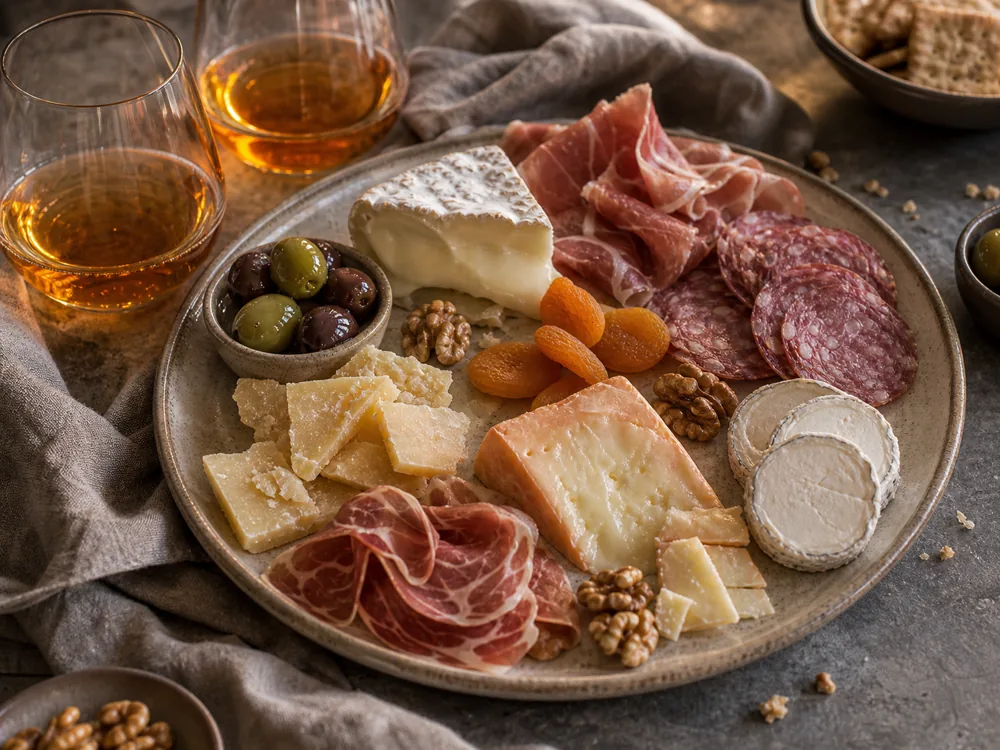 Orange wine cheese and charcuterie board with amber wine, soft cheese, aged cheese, washed-rind cheese, cured meat, dried apricots, olives, and walnuts