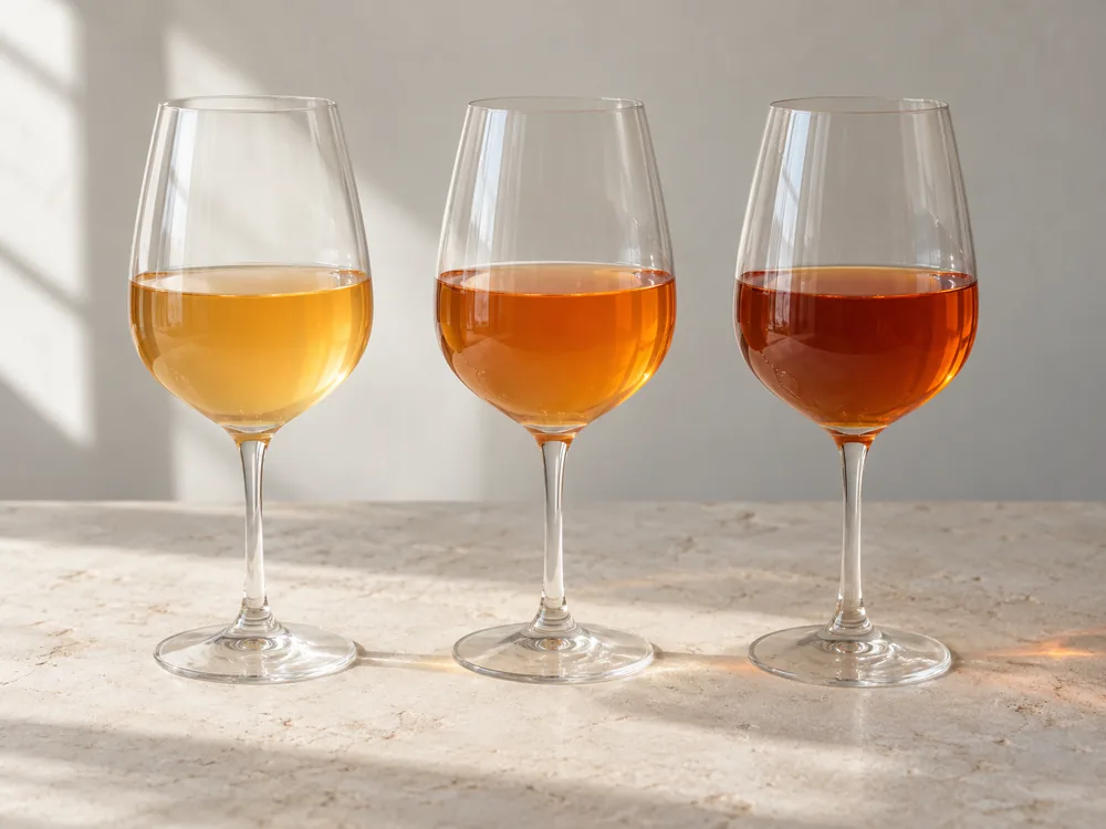 Three glasses of orange wine in pale, medium and deep amber shades - orange wine | KnowTheCheese