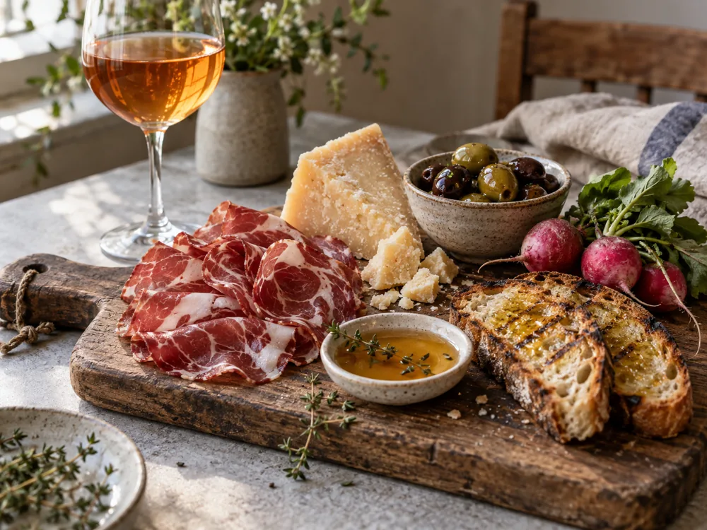 Sliced capocollo, hard cheese, olives, radishes, grilled bread and honey beside a glass of orange wine - orange wine | KnowTheCheese