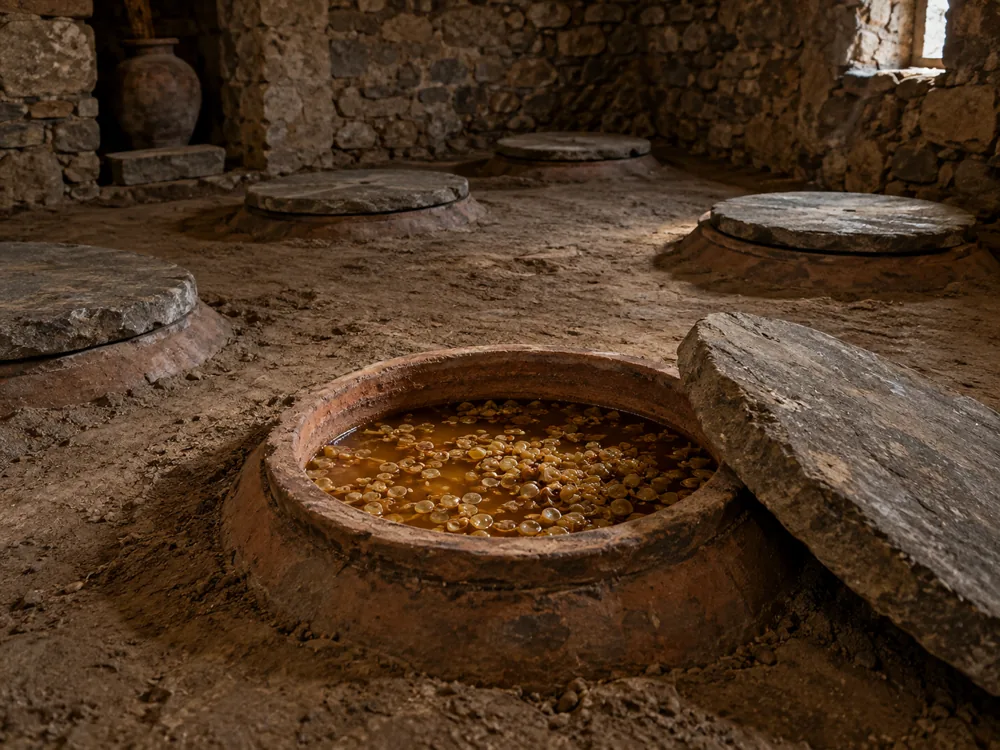 Open clay vessel set into a cellar floor with grape skins floating in amber juice - orange wine | KnowTheCheese