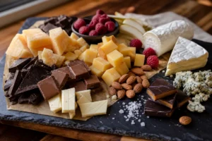 Chocolate and cheese pairing board with dark milk and white chocolate Parmesan Gouda goat cheese Brie blue cheese raspberries almonds and pear slices - Chocolate and cheese pairing | KnowTheCheese