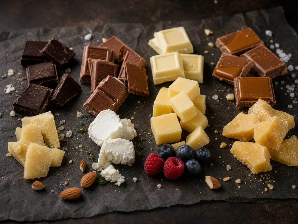 Chocolate intensity lanes with dark chocolate, milk chocolate, white chocolate, caramel chocolate, goat cheese, Gouda, and hard cheese shards | KnowTheCheese