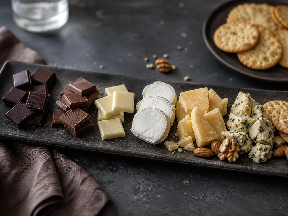 Chocolate and cheese tasting platter with dark chocolate, milk chocolate, white chocolate, goat cheese, aged gouda, blue cheese, nuts, and crackers.