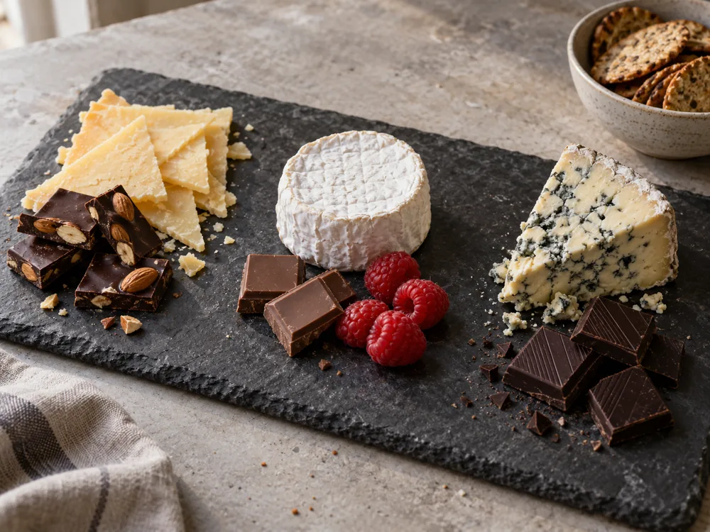 Slate board with three cheese stations: sliced hard cheese beside dark chocolate with almonds, a white-rind soft cheese round beside milk chocolate and raspberries, and a blue cheese wedge beside dark chocolate - chocolate and cheese pairing | KnowTheCheese