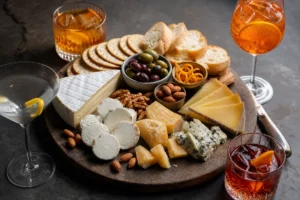 Cocktail and cheese pairing party board with Brie, goat cheese, aged Gouda, alpine cheese, blue cheese, citrus, olives, nuts, crackers, and cocktail glasses - cocktail and cheese pairing | KnowTheCheese