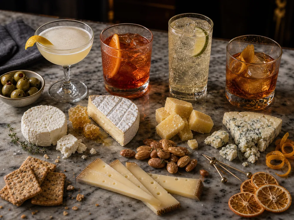 Cocktail structure tasting setup with citrus, bitter, bubbly, and spirit-forward drinks matched to goat cheese, Brie, Gouda, blue cheese, and alpine cheese | KnowTheCheese