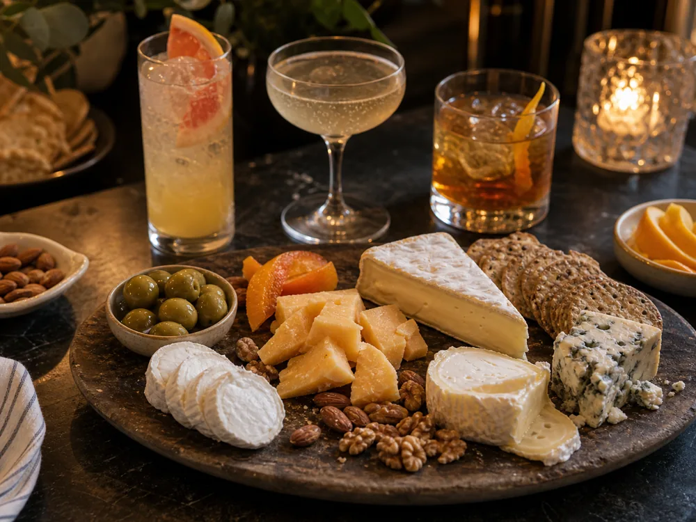 Cocktail party cheese board with citrus highball, sparkling coupe, amber rocks drink, goat cheese, aged cheddar, soft-rind cheese, blue cheese, olives, nuts, and crackers.