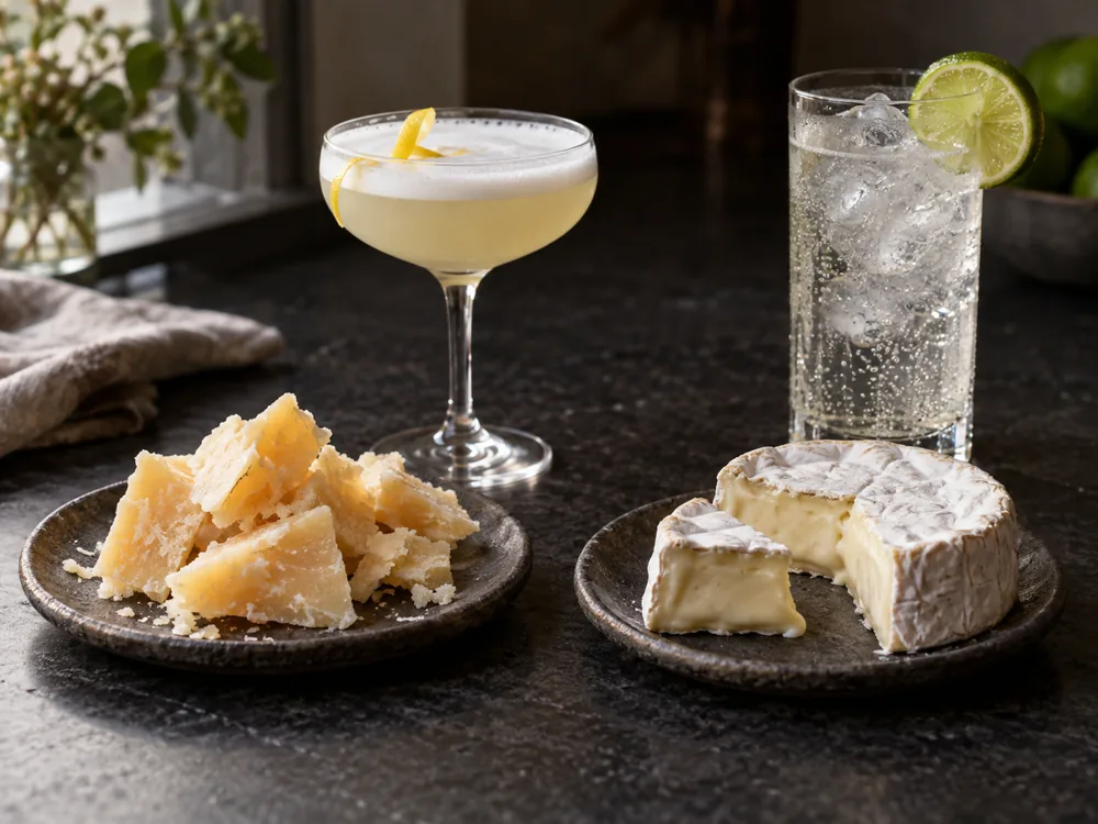 Coupe with a foam-topped pale cocktail beside crumbly aged hard cheese, and a tall sparkling highball beside a cut soft white-rind cheese - cocktail and cheese pairing | KnowTheCheese