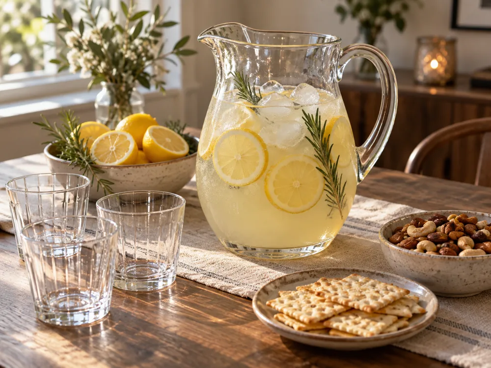 Party table with a pitcher of a pale lemon drink with ice and rosemary, three small glasses, a bowl of halved lemons, a bowl of mixed nuts and a plate of crackers - cocktail party setup | KnowTheCheese