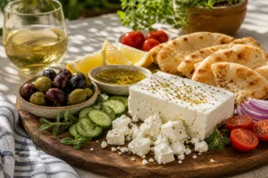 Feta pairing board with olives, cucumber, tomato, pita, herbs, and white wine.
