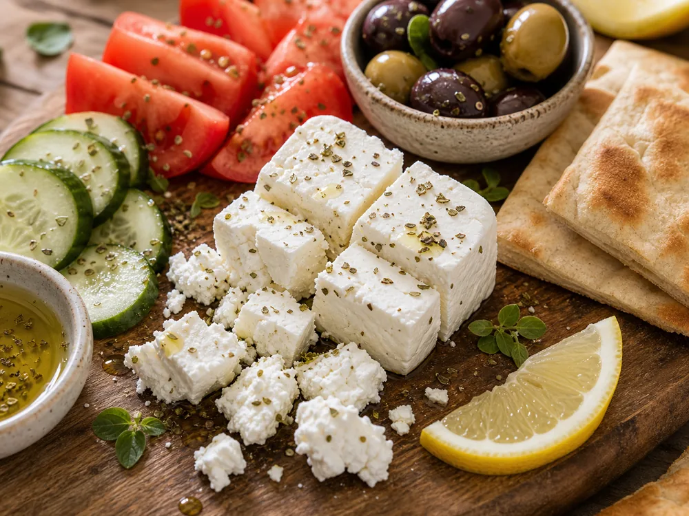 Feta cubes with cucumber, tomato, olives, pita, lemon, and herbs.