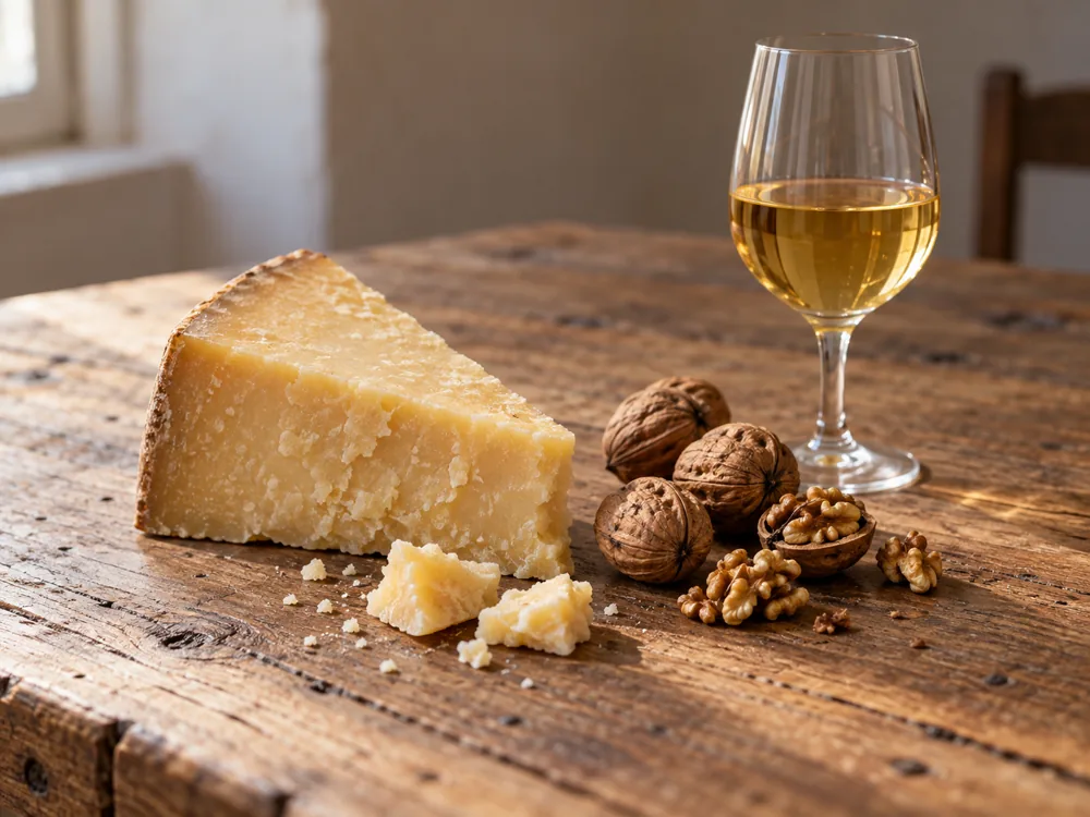 Wedge of hard yellow cheese with walnuts and a glass of golden wine | KnowTheCheese