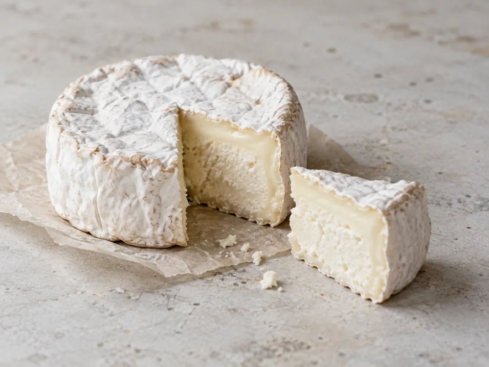 Cut round of white bloomy-rind cheese with a glossy band under the rind and a chalky centre | KnowTheCheese