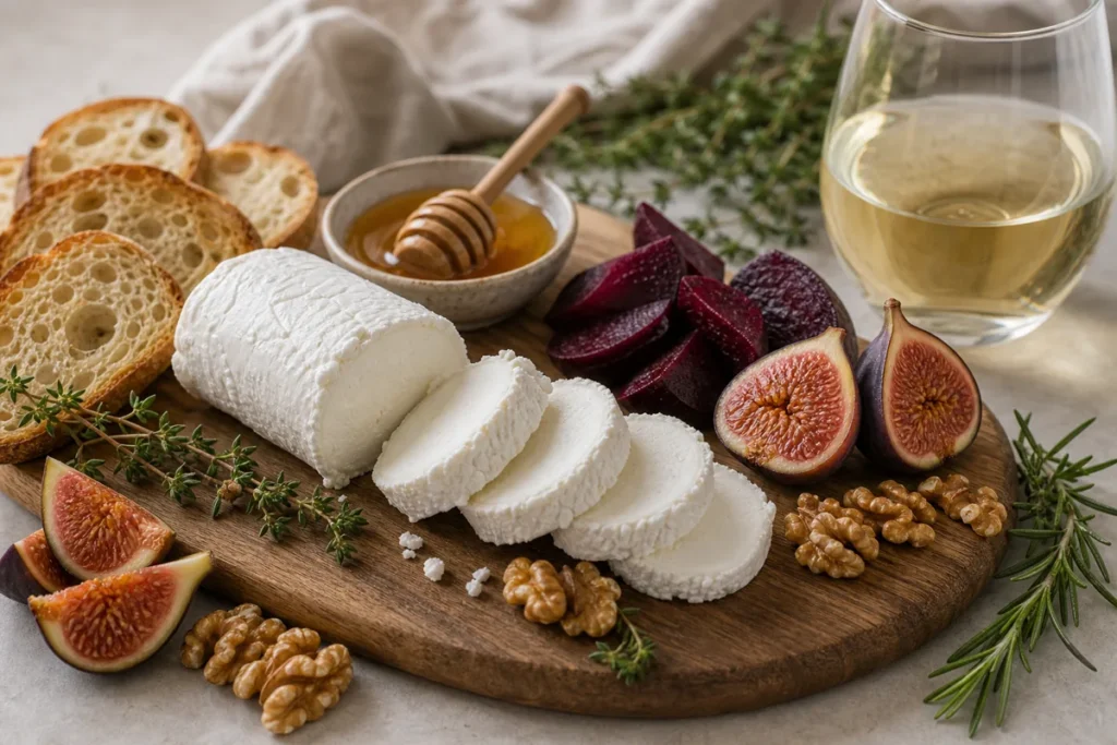 Fresh goat cheese with honey, figs, walnuts, beets, bread, and white wine.