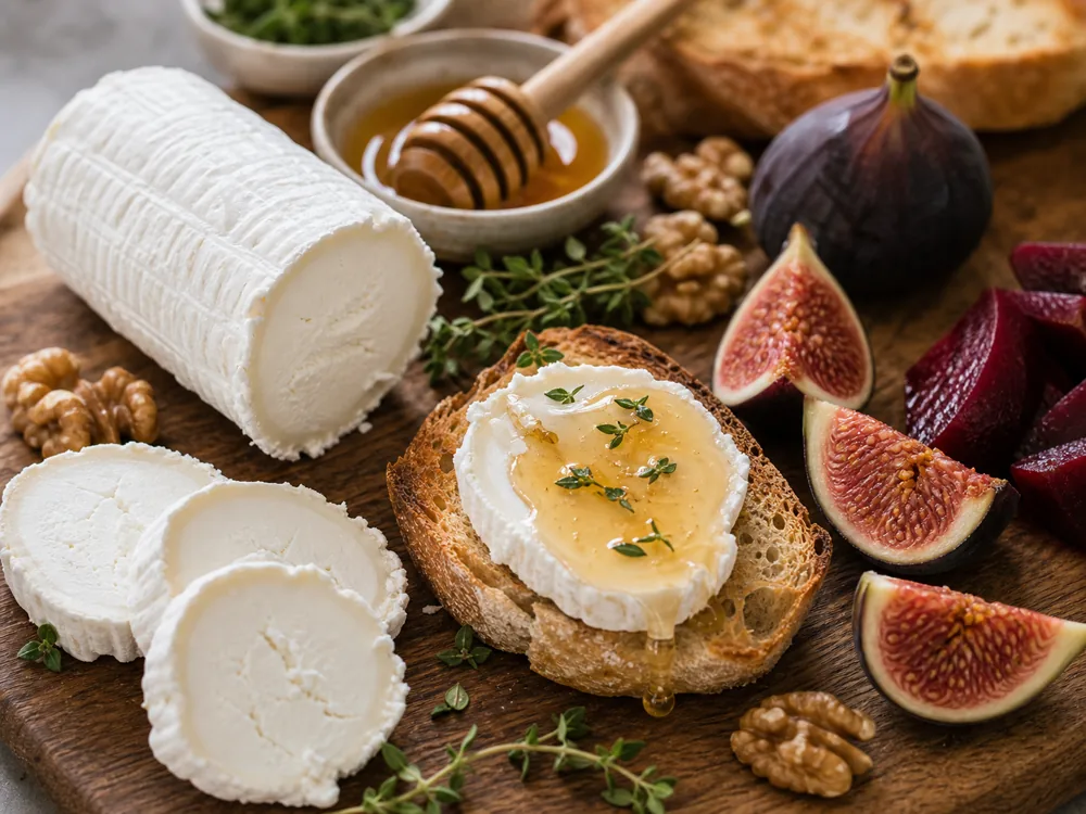 Goat cheese toast with honey, figs, herbs, and walnuts.