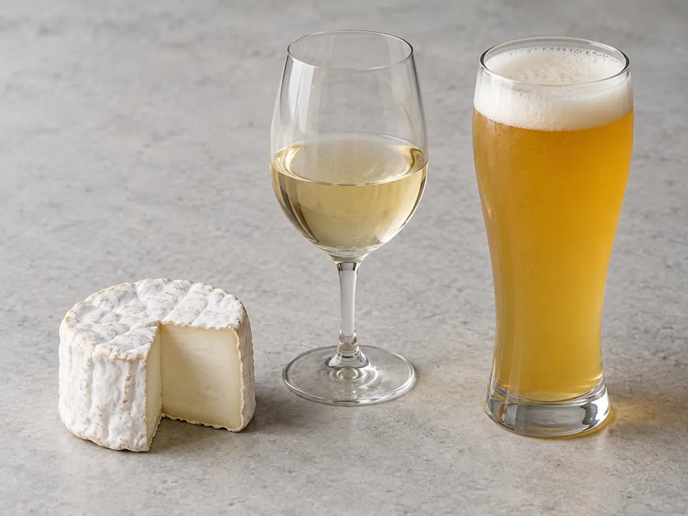 Small bloomy-rind goat cheese beside a glass of white wine and a glass of wheat beer - Goat cheese pairing | KnowTheCheese