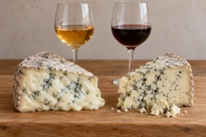 Soft creamy and firm crumbly blue cheese wedges with glasses of amber sweet wine and red wine - Gorgonzola wine pairing | KnowTheCheese