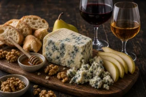 Gorgonzola board with pear, walnuts, honey, bread, and wine glasses.