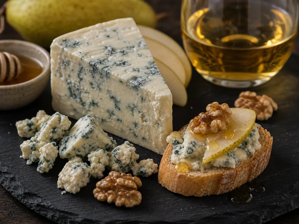 Gorgonzola wine pairing board with Dolce and Piccante wedges, Moscato d'Asti, Recioto, pears, walnuts, and bread - Gorgonzola wine pairing | KnowTheCheese