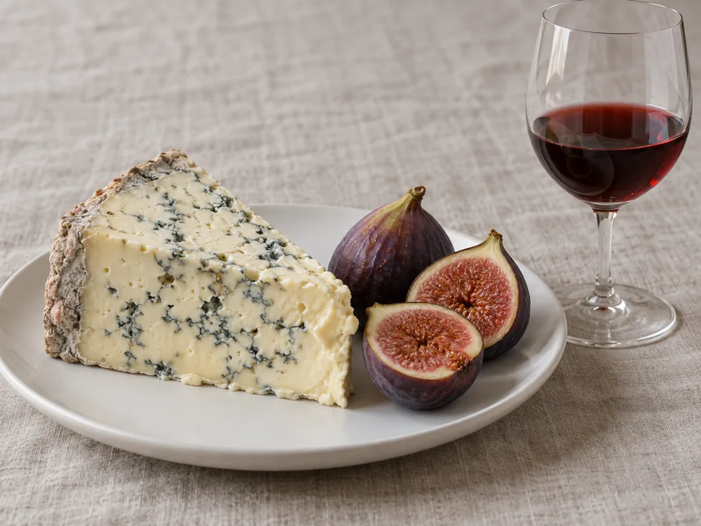 Creamy blue cheese wedge with fresh figs and a glass of dark red wine - Gorgonzola wine pairing | KnowTheCheese