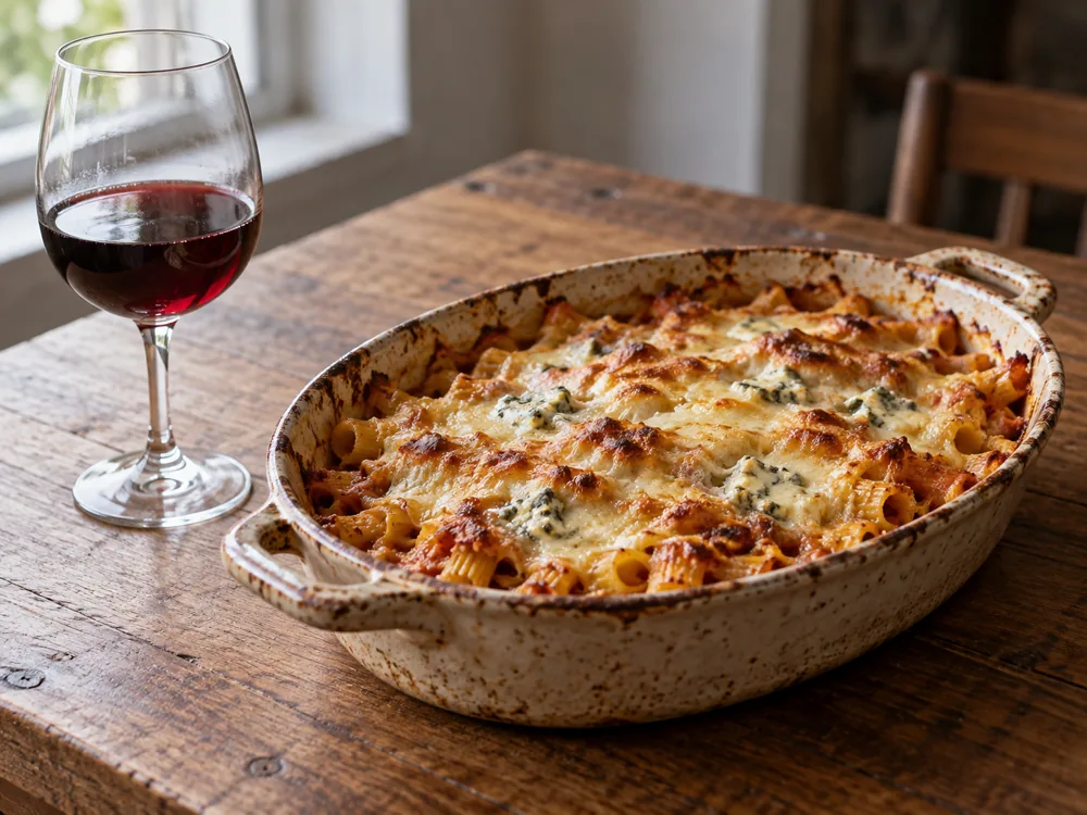 Baked pasta dish with browned cheese and pale blue-veined pieces beside a glass of red wine - Gorgonzola wine pairing | KnowTheCheese