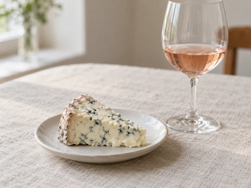 Wedge of creamy blue cheese on a small plate beside a glass of rose wine - Gorgonzola wine pairing | KnowTheCheese