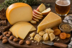 Gouda pairing board with young slices, aged chunks, apples, almonds, mustard, and beer.