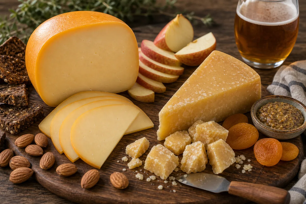Gouda pairing board with young slices, aged chunks, apples, almonds, mustard, and beer.