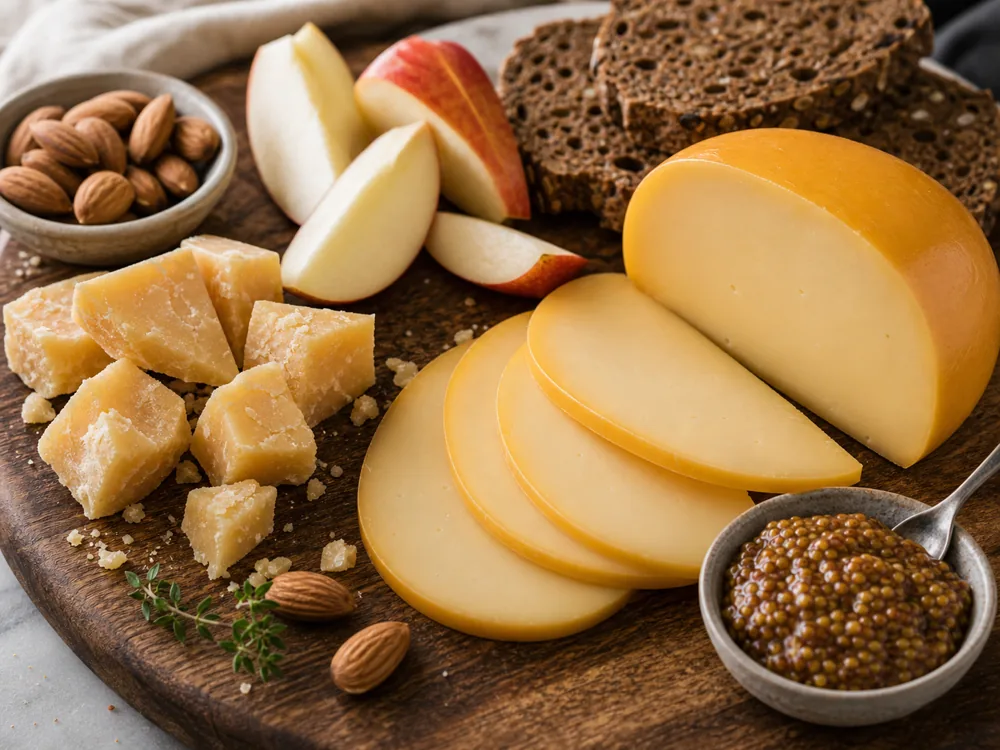 Young and aged Gouda pairing board with apple, mustard, rye bread, cider, brown ale, and Tawny Port - Gouda pairing | KnowTheCheese