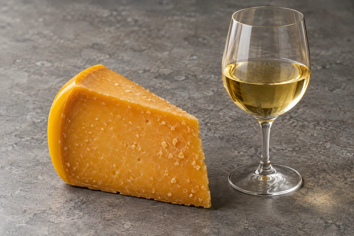 Wedge of aged Gouda with yellow wax and crystals beside a glass of white wine - Gouda wine pairing | KnowTheCheese