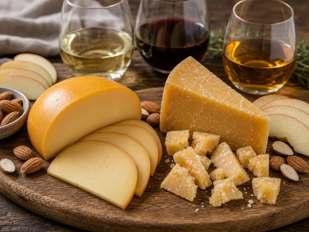 Young and aged Gouda with apple, almonds, and three wine glasses - Gouda wine pairing | KnowTheCheese