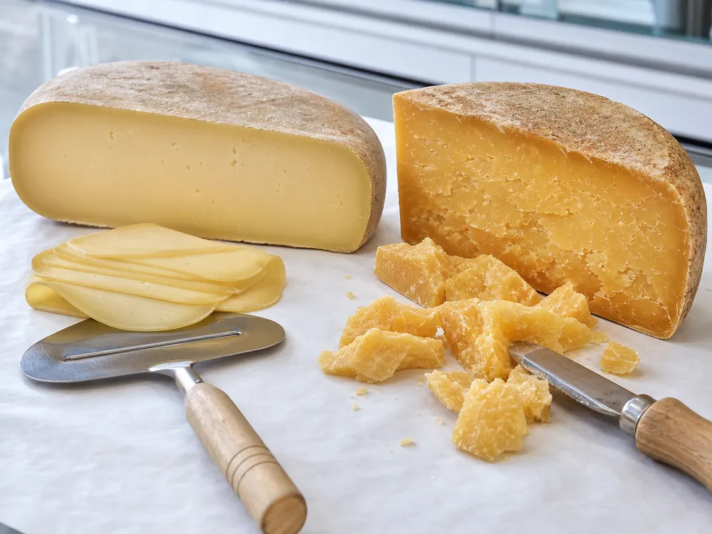 Thin young Gouda slices beside rough crystalline aged Gouda chunks at a cheese counter - Gouda wine pairing | KnowTheCheese