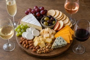 Budget wine and cheese board with Brie, goat cheese, aged cheddar, Gouda, Parmigiano-style cheese, blue cheese, crackers, grapes, apples, olives, nuts, and wine glasses - budget wine and cheese pairing | KnowTheCheese