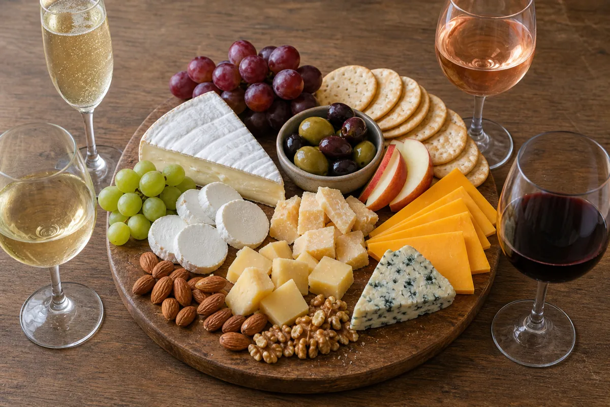 Budget wine and cheese board with Brie, goat cheese, aged cheddar, Gouda, Parmigiano-style cheese, blue cheese, crackers, grapes, apples, olives, nuts, and wine glasses - budget wine and cheese pairing | KnowTheCheese
