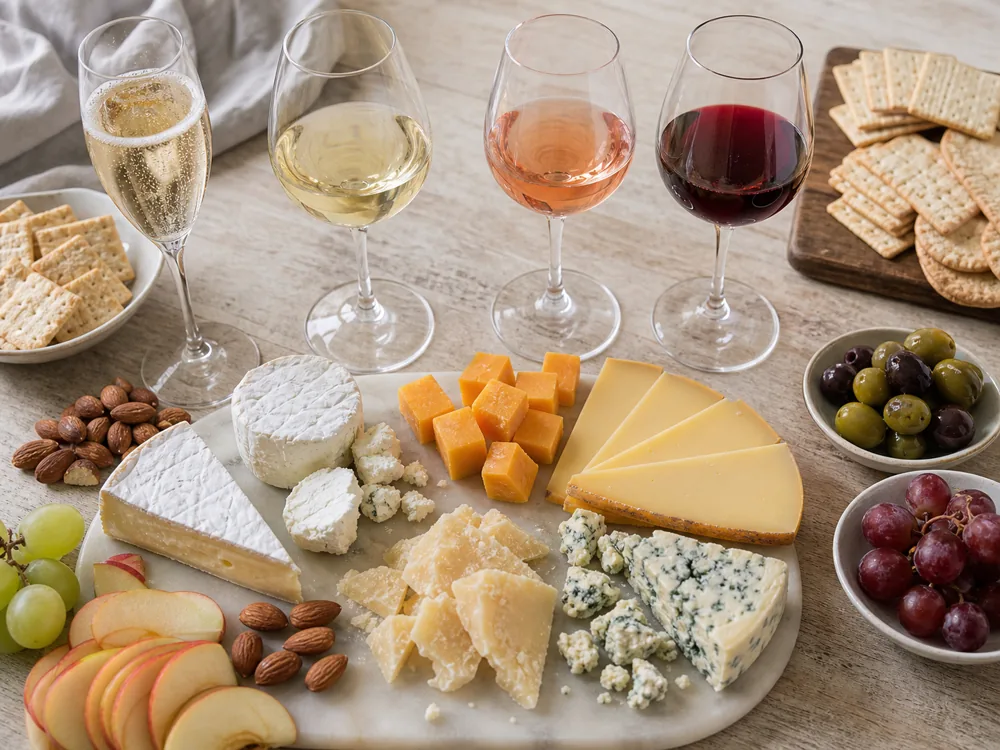 Budget wine pairing table with sparkling wine, white wine, rose, red wine, Brie, goat cheese, cheddar, Gouda, hard cheese, blue cheese, crackers, apples, grapes, olives, and almonds | KnowTheCheese