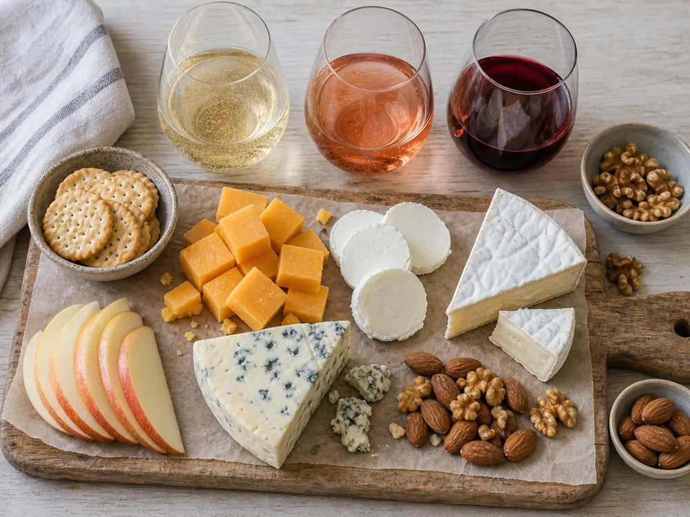 Budget wine and cheese board with sparkling wine, rose, red wine, cheddar, goat cheese, soft-rind cheese, blue cheese, crackers, apple slices, and nuts