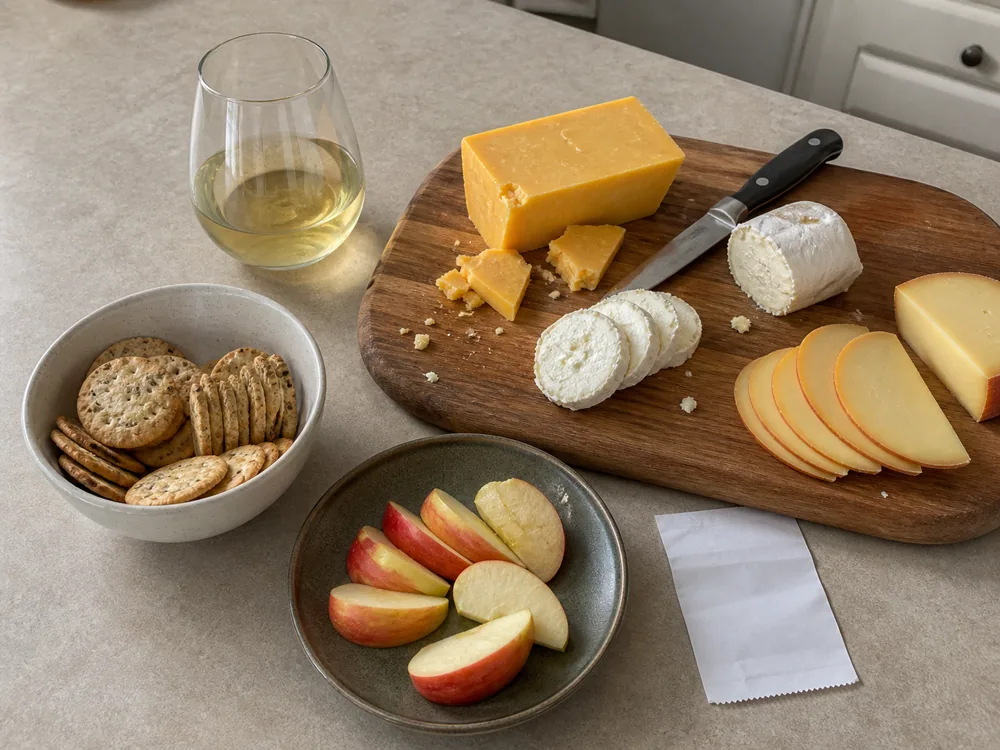 Affordable cheese board with wine, cheddar, goat cheese, gouda, crackers, and apples - budget wine cheese pairing | KnowTheCheese