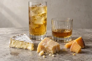Japanese whisky highball and neat pour beside soft white-rind cheese and aged hard cheeses | KnowTheCheese