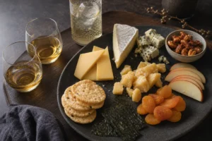 Japanese whisky and cheese pairing board with highball, Brie, aged Gouda, alpine cheese, blue cheese, nori, rice crackers, apple, and roasted nuts | KnowTheCheese